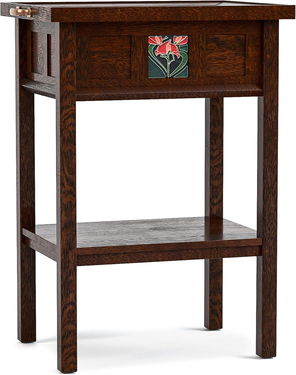 Stickley 125th Anniversary Floral Tile Tray Table, End Table, Solid Oak, Centennial Finish, Mission Style, Removable Ceramic Art Tile, Tray Top, 22.5in W x 16.5in D x 30in H, Made in USA