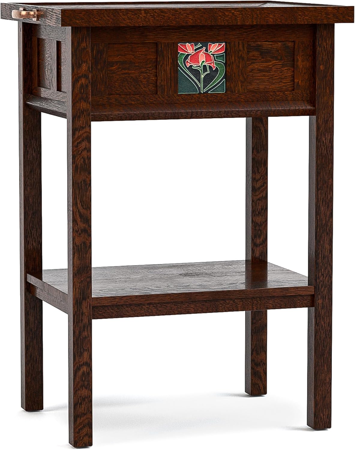 Stickley 125th Anniversary Floral Tile Tray Table, End Table, Solid Oak, Centennial Finish, Mission Style, Removable Ceramic Art Tile, Tray Top, 22.5in W x 16.5in D x 30in H, Made in USA