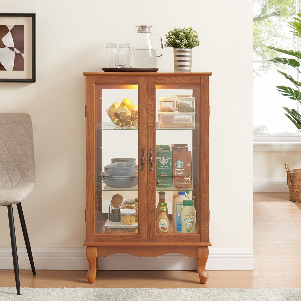 3-Tier Lighted Glass Display Curio Cabinet with 2 Tempered Glass Doors,Curio Case with Mirrored Back Panel & Adjustable Shelves,Wine Artwork Display Cabinet for Living Room,Kitchen(Oak_2)