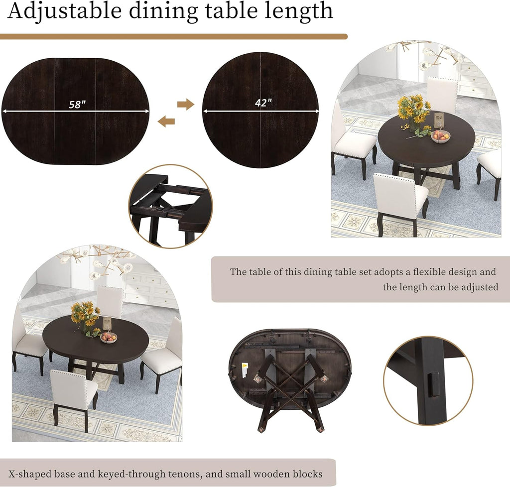GDFStudio 42"-58" Farmhouse Extendable Dining Table for 4-6, Solid Wood Round Dining Table with 16" Leaf & X-Shaped Base, Rustic Kitchen & Dining Room Table, Space Saving, Espresso