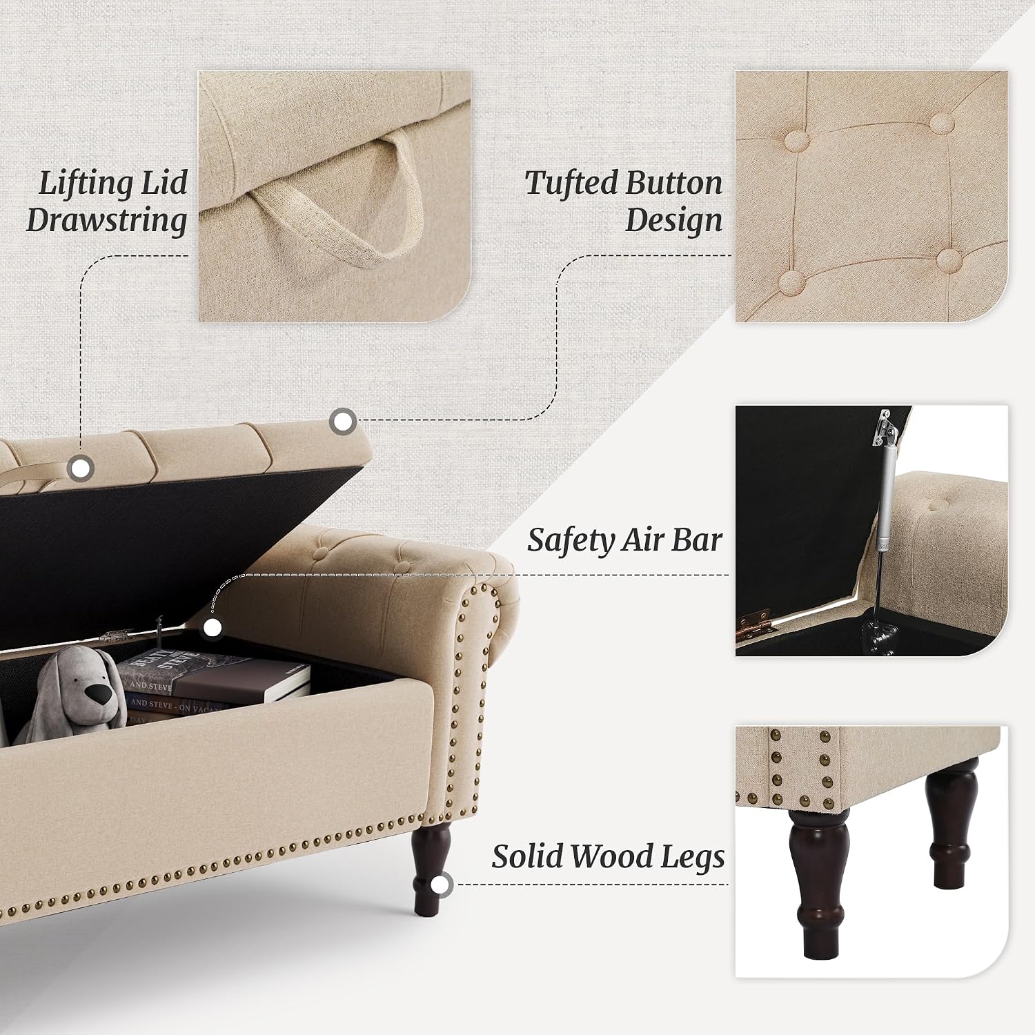 Cozyman Storage Bench Ottoman, 61" Long King Linen Rolled Arm Bedroom End of Bed Bench, Window Bench with Button Tufted and Nailhead Trim for Foot of Bed Bench, Bedroom, Entryway, Living Room, Wheat