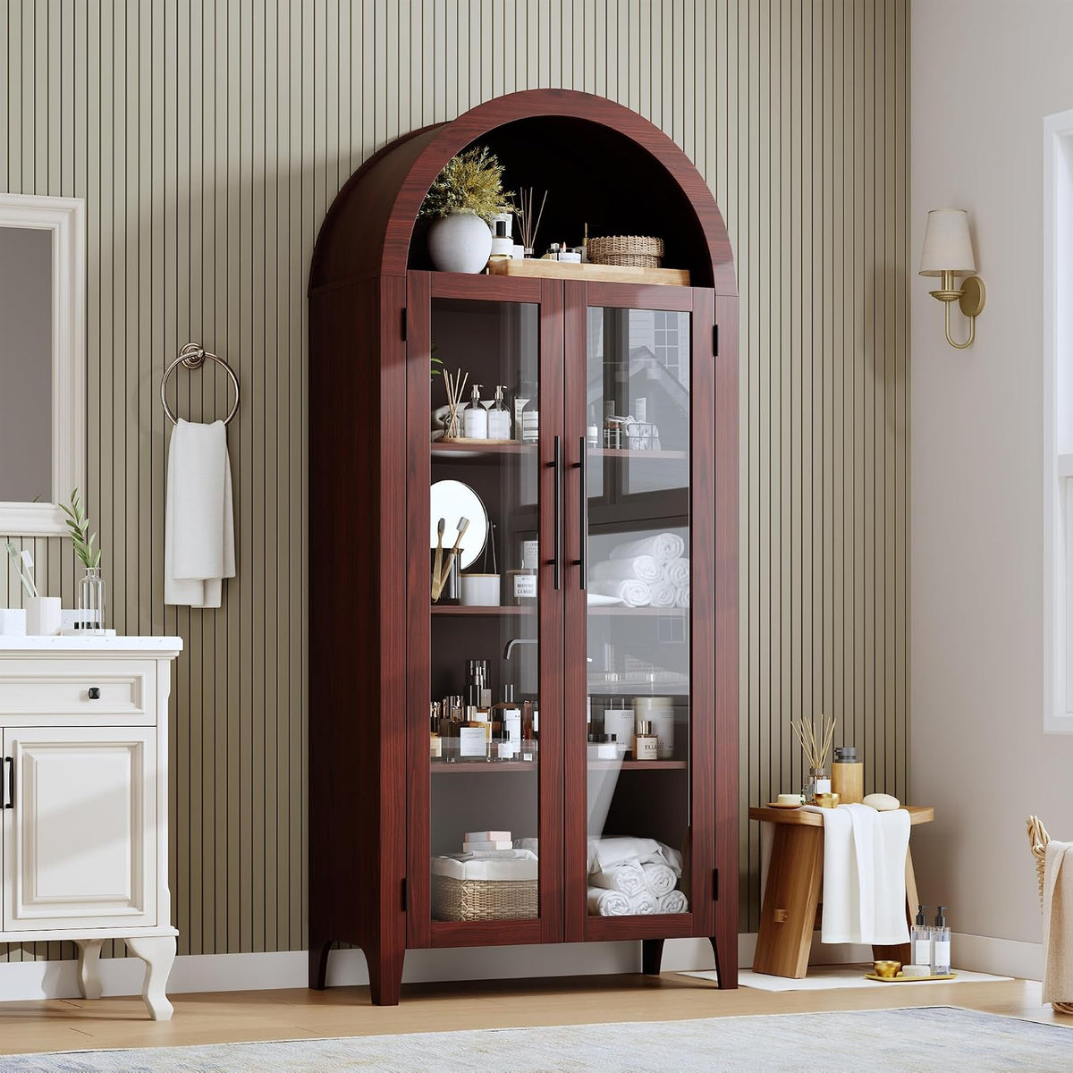 IDEALHOUSE Arched Kitchen Pantry Storage Cabinet - Farmhouse 5-Tier Display Shelf with 2 Glass Doors and Adjustable Shelves, Versatile Cupboard for Kitchen, Dining Room, Living Room, Walnut