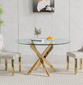 47.2'' Round Glass Dining Table for 4, Glass Round Dining Room Table with X-Shape Metal Legs, Clear Circular Top Gold Kitchen Table for 4, Perfect for Apartment Small Space
