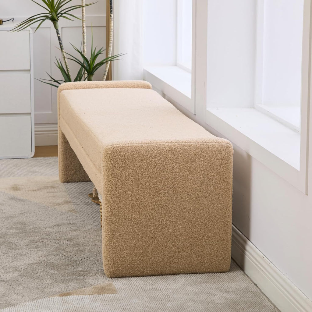 Shoe Bench for Entryway, 66.9''W Modern Boucle King Size End of Bed Bench for Bedroom, Cloakroom, Window, Wheat.