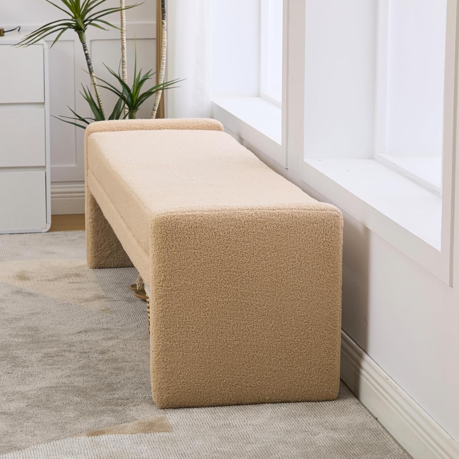 Shoe Bench for Entryway, 66.9''W Modern Boucle King Size End of Bed Bench for Bedroom, Cloakroom, Window, Wheat.