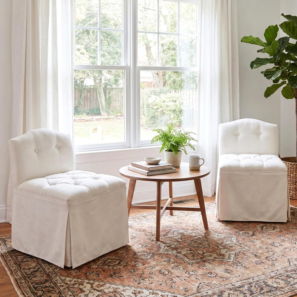 White Tufted Makeup Vanity Chair with Wheels, Small Upholstered Skirted Slipper Accent Chair with Low Back & Metal Legs, Armless Rolling Vanity Stool Desk Chair for Living Room Bedroom