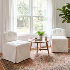 White Tufted Makeup Vanity Chair with Wheels, Small Upholstered Skirted Slipper Accent Chair with Low Back & Metal Legs, Armless Rolling Vanity Stool Desk Chair for Living Room Bedroom