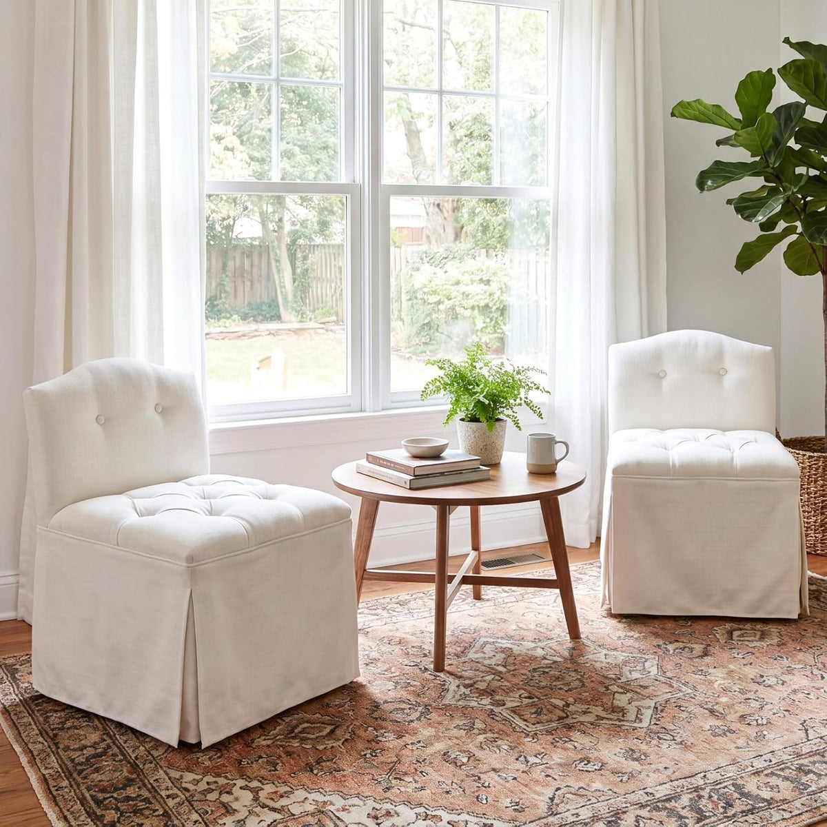 White Tufted Makeup Vanity Chair with Wheels, Small Upholstered Skirted Slipper Accent Chair with Low Back & Metal Legs, Armless Rolling Vanity Stool Desk Chair for Living Room Bedroom