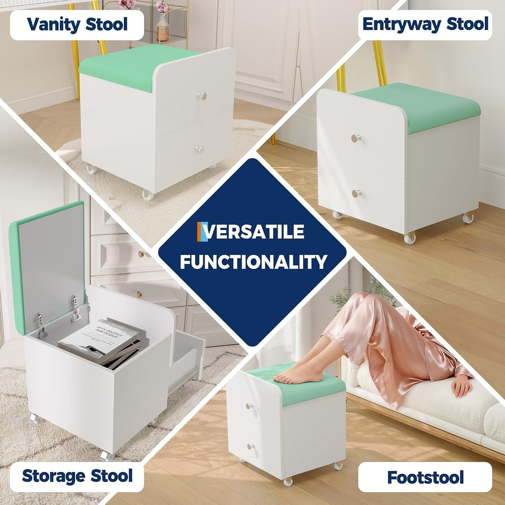 Garvee Vanity Stool Chair with Storage, 17.32" l x 15.16" w x 17.32" h PU Ottoman with Lockable Wheels & Storage Drawer, Modern Multifunctional Chairs for Makeup