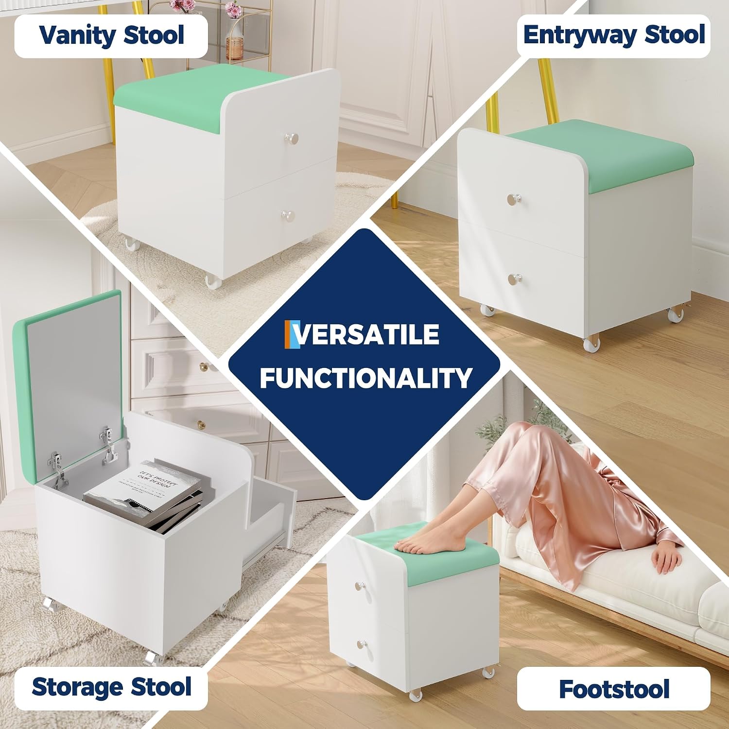 Garvee Vanity Stool Chair with Storage, 17.32" l x 15.16" w x 17.32" h PU Ottoman with Lockable Wheels & Storage Drawer, Modern Multifunctional Chairs for Makeup