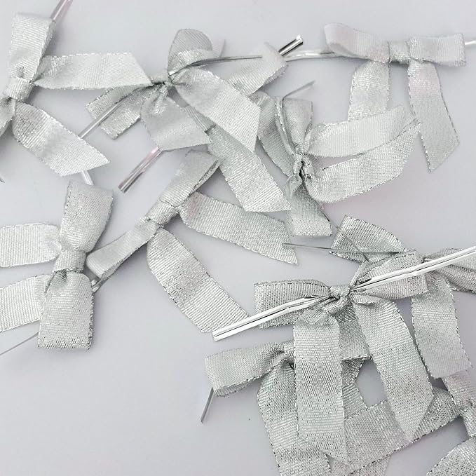 50pcs 2-1/2" Metallic Satin Silver Bows for Crafts Pretaied Christmas Bows with Twist Ties Hot Cut Tails for Christmas Decoration (Silver)