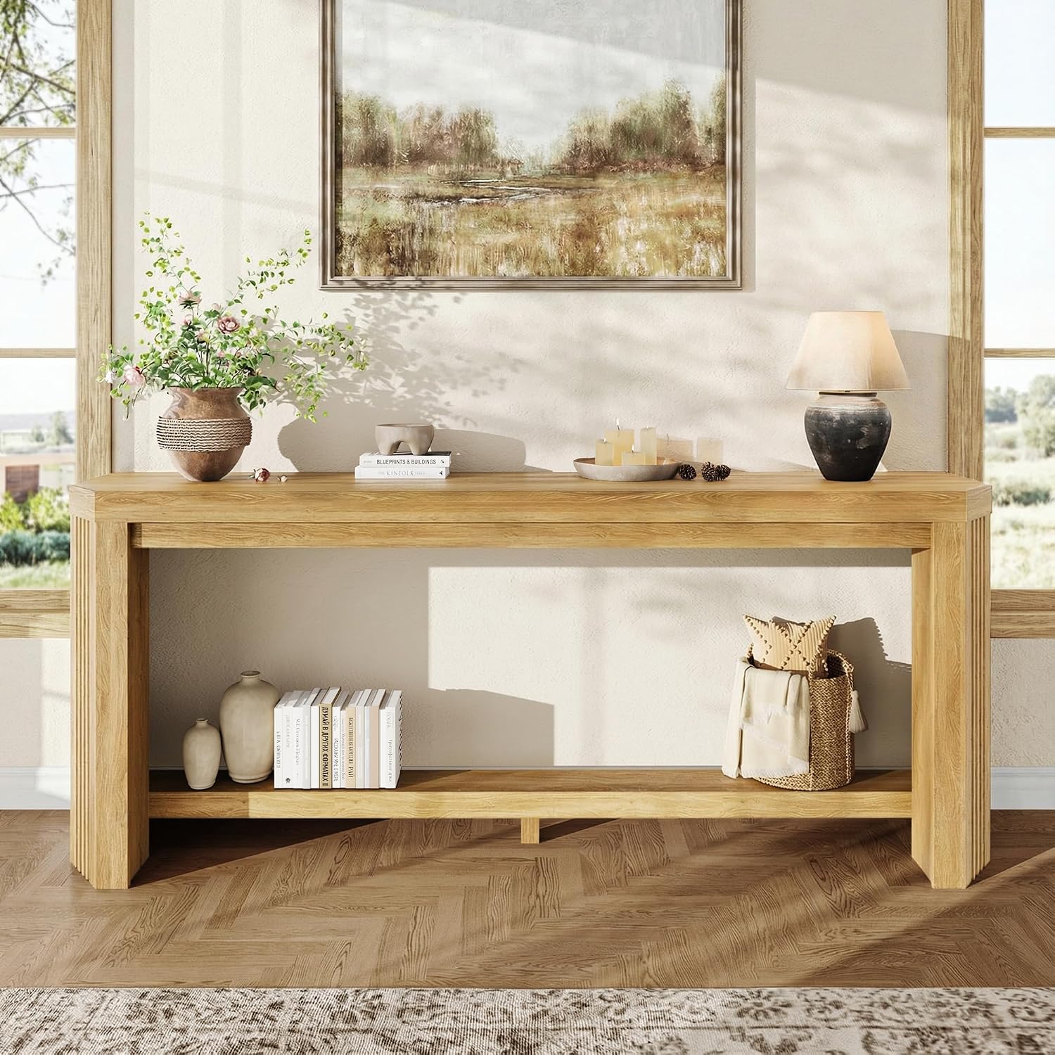 70" Console Table for Entryway, Narrow Long Sofa Table Behind Couch, Wood Couch Table with Open Storage, Easy Assembly Entryway Table for Living Room, Hallway, Foyer, Couch, Natural Oak