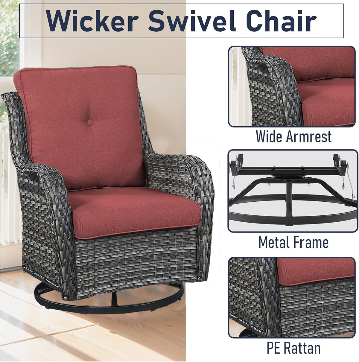 Outdoor Furniture Set：8 PCS Patio Furniture Set with Outdoor Swivel Rocker Patio Chairs, Grey/Red