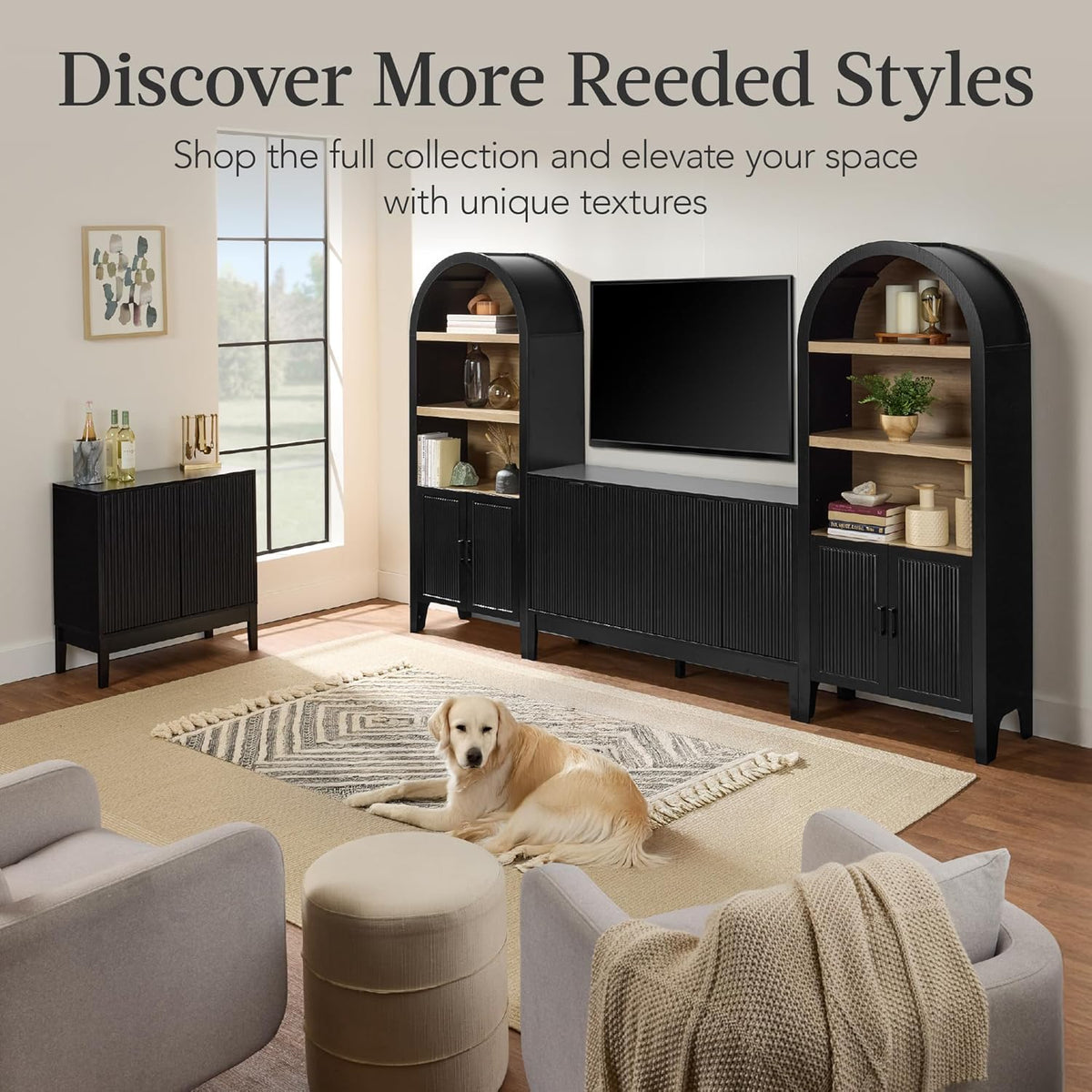 Best Choice Products 55" Modern 4-Door Sideboard Storage Cabinet, Buffet, Media Cabinet, Cupboard, Entryway Accent Table, Bookcase w/Reed Panels and Adjustable Shelves - Black