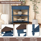 33.8'' Small Triangle Corner Table,3 Tier End Table with Open Shelf and Solid Wood Legs,Wood Corner Side Table with 1 Storage Drawer for Bedroom,Living Room,Small Spaces (Navy Blue-14)