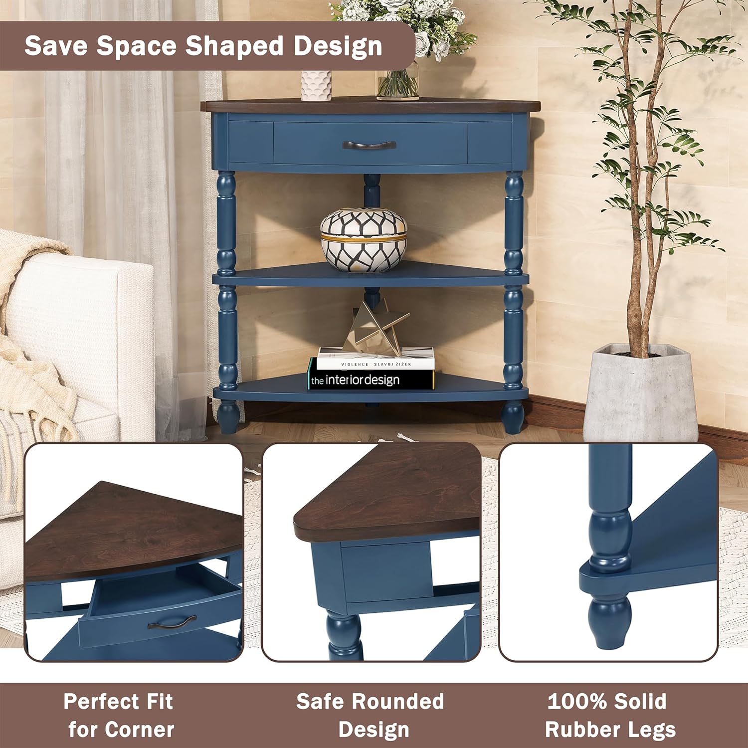 33.8'' Small Triangle Corner Table,3 Tier End Table with Open Shelf and Solid Wood Legs,Wood Corner Side Table with 1 Storage Drawer for Bedroom,Living Room,Small Spaces (Navy Blue-14)