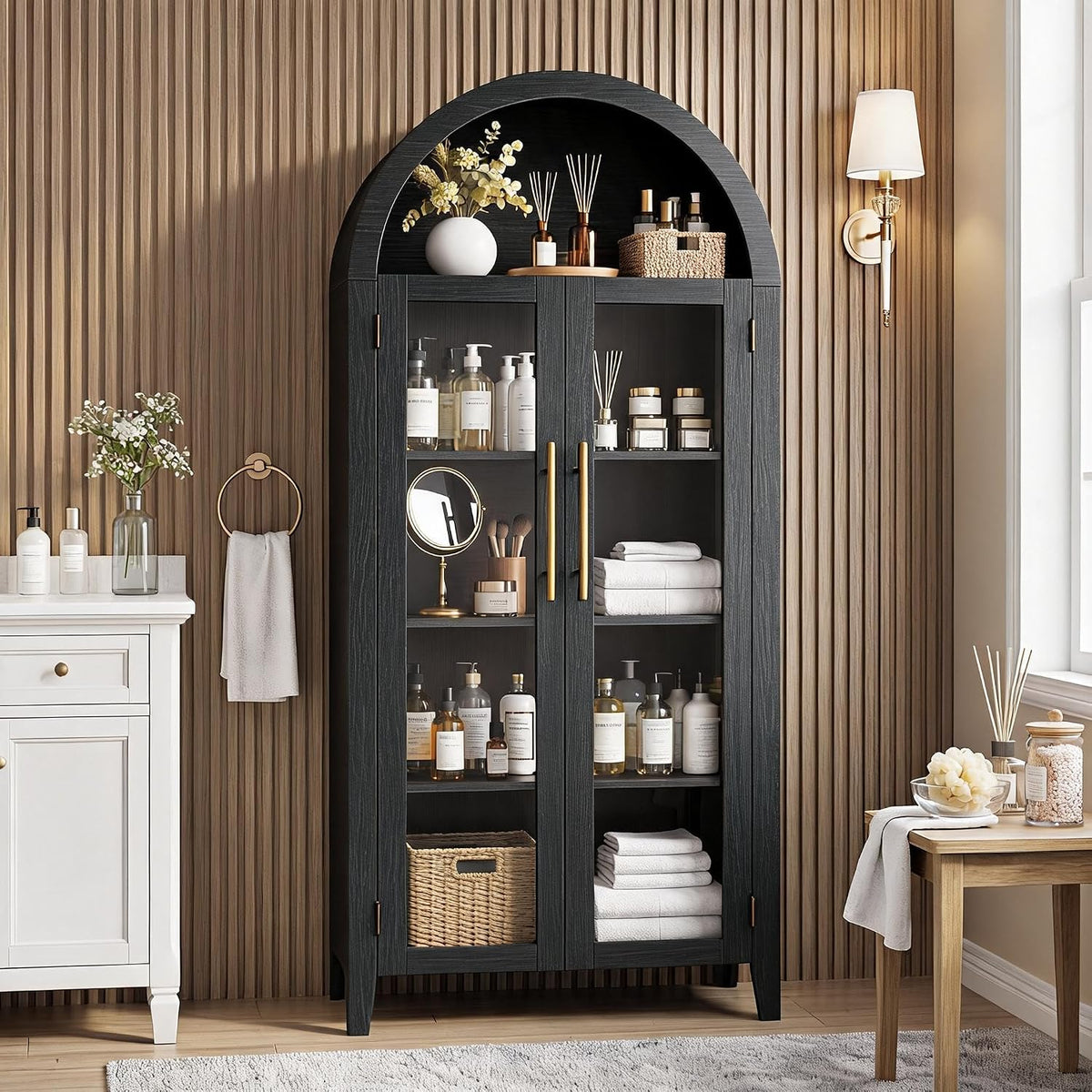Garvee Arched Cabinet with Glass Doors, 5-Tier Kitchen Pantry Cabinet with Adjustable Shelves, Farmhouse Display Storage Cabinet for Dining Room, Living Room, Black