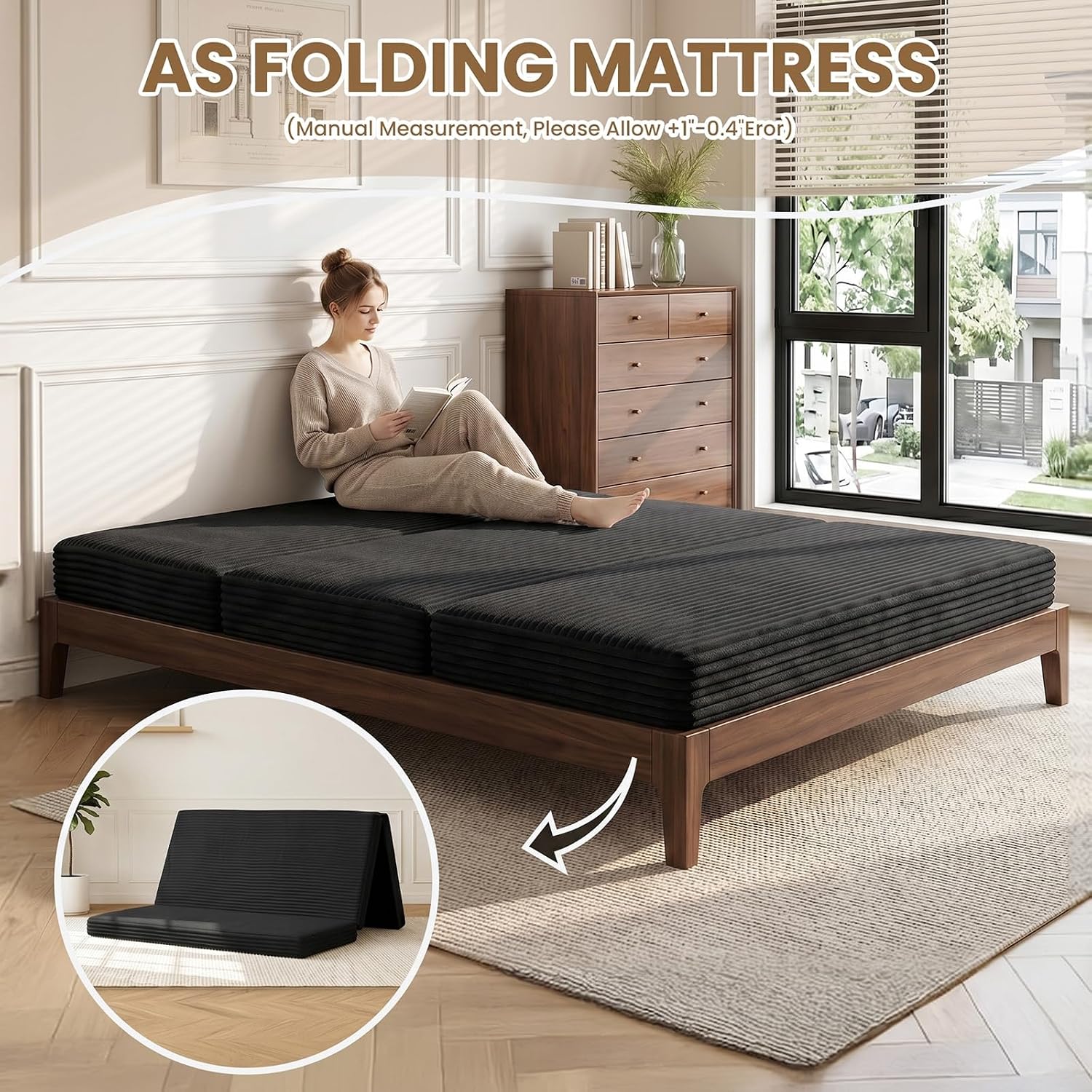 Loveseat Sofa Bed,Small Couch Bed Futon Sleeper Sofa,Convertible Pull Out Couch with Removable Armrests Backrest,Corduroy Folding Floor Couch for Living Room,Small Space,Black