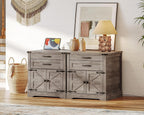 RALGEND Farmhouse End Table with Charging Station, 24'' Sofa Side Table with 2 Drawers and Barn Door, Large Rustic Wooden Square Nightstand for Bedroom, Living Room, Greige