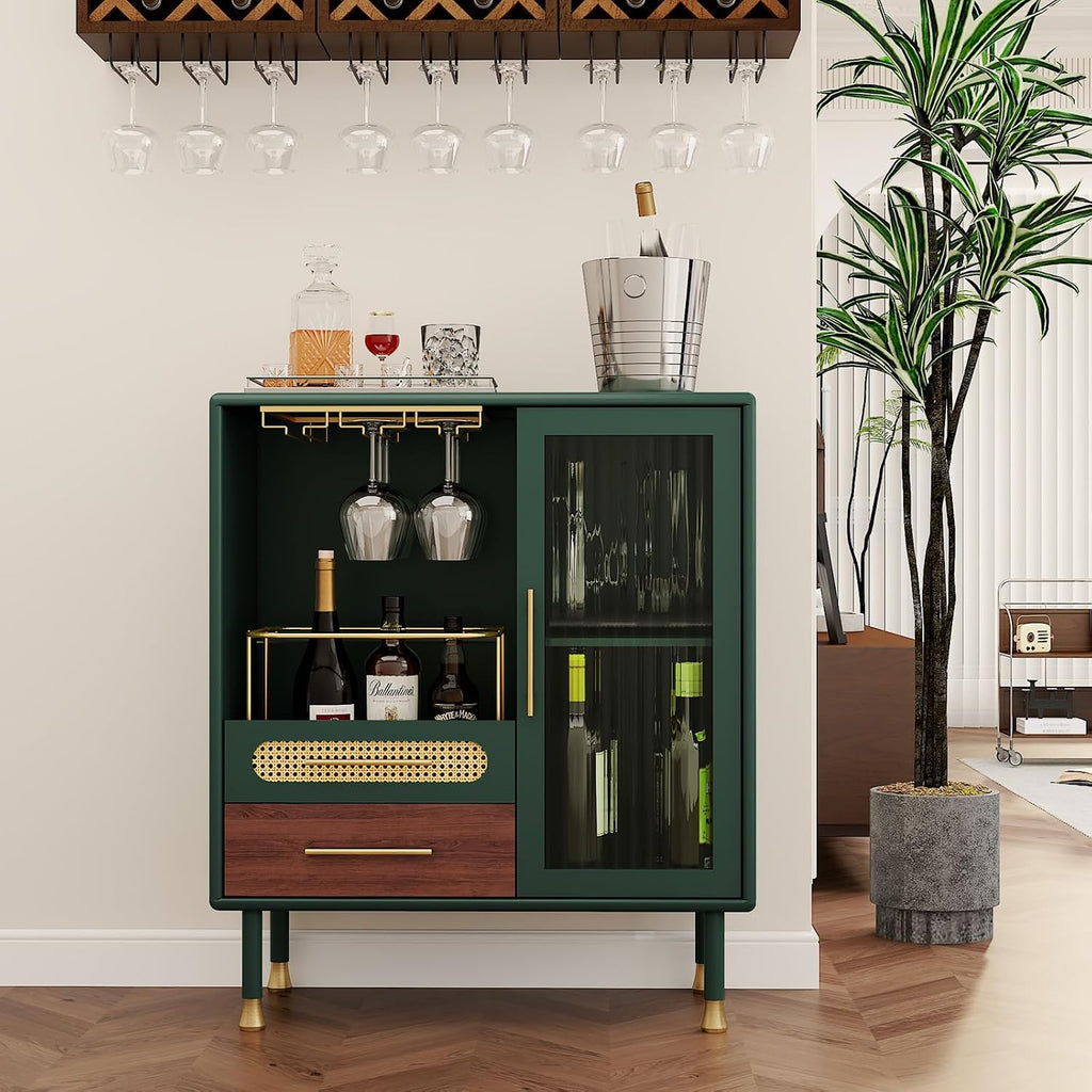 ARTPOWER Modern Coffee Bar Cabinet with Pull-Out Wine Storage, Green | Bar Cart with Wine Glass Rack and Drawers, Liquor Cabinet for Kitchen, Dining Room, Living Room