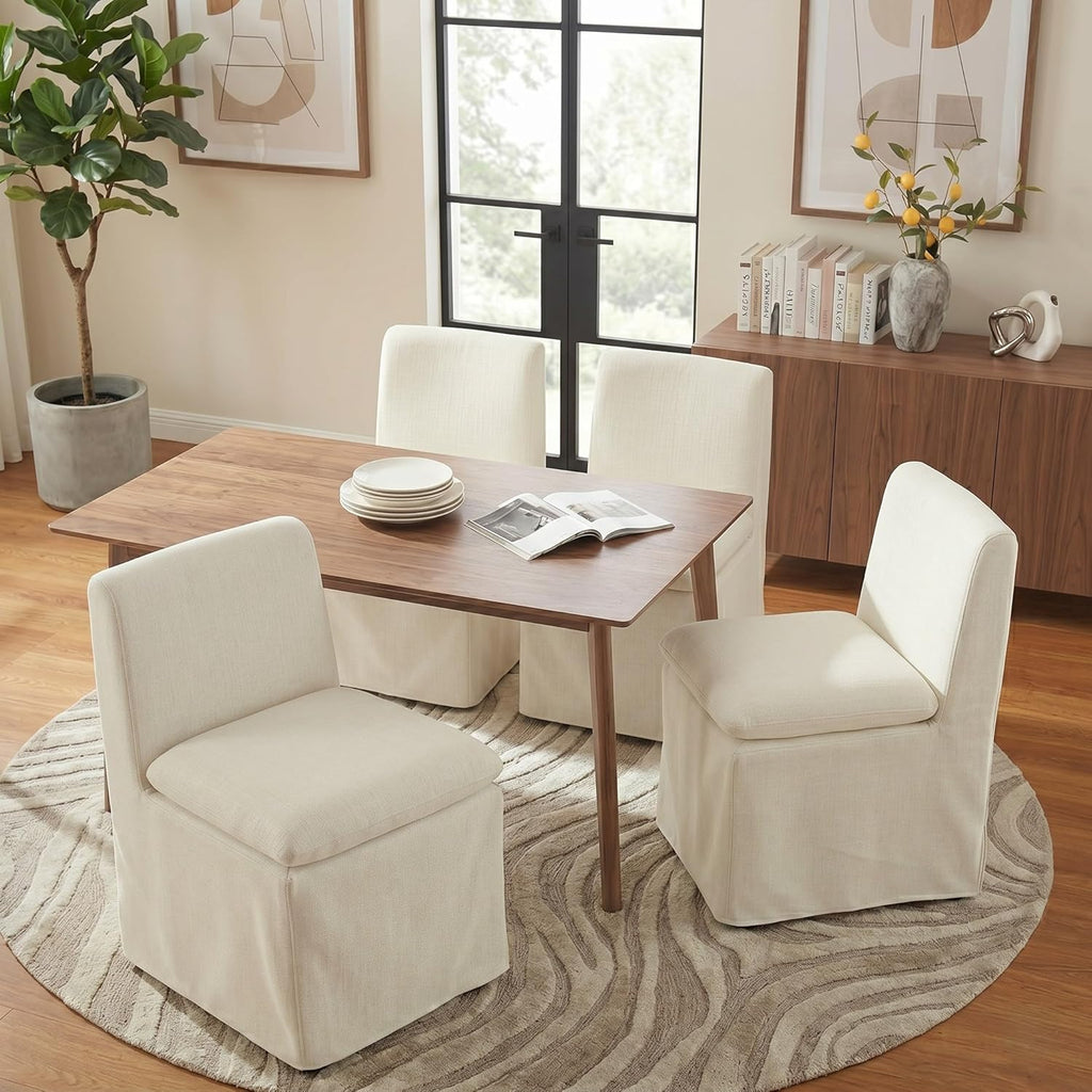 KISLOT Upholstered Dining Chairs Set of 2 with Casters, Modern Armless Kitchen Chairs with Removable Washable Cover, Chenille Velvet Fabric, Sturdy Metal & Wood Frame, 19.5" Seat Height, Linen