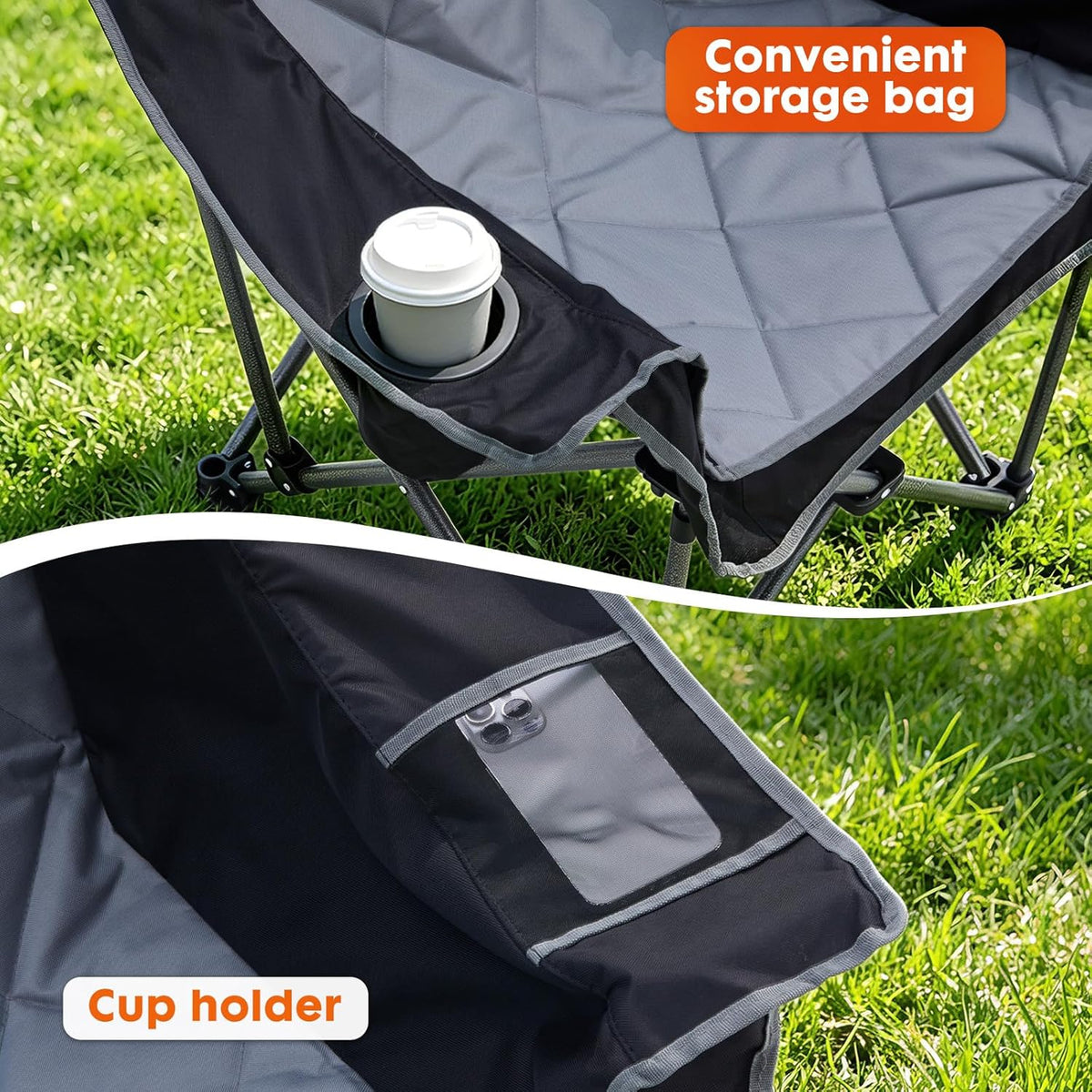 EMERIT 2 Pack Oversized Padded Camping Chairs, Heavy Duty 450 LBS Capacity Outdoor Folding Quad Chair with Cup Holder, Portable for Camping, Tailgating, Sports, Backyard & Patio, Black