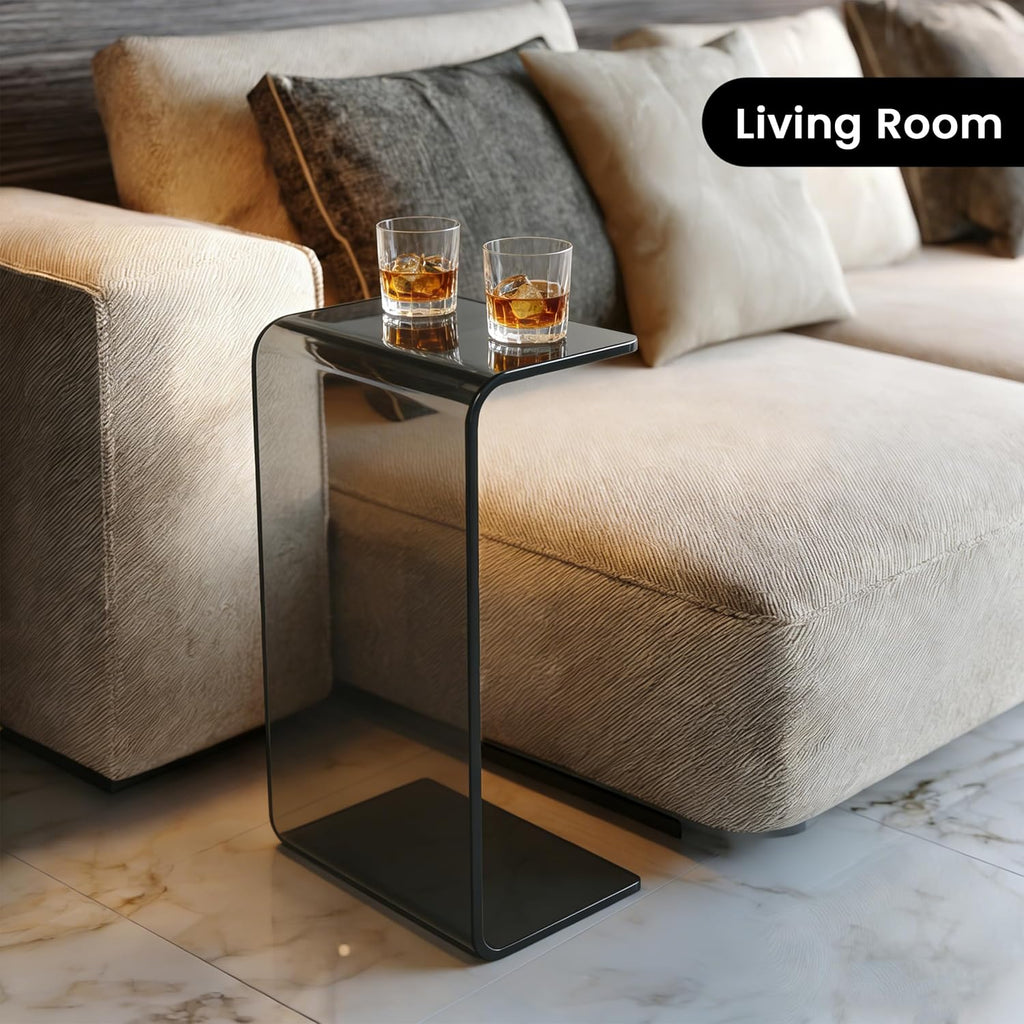 Gray Acrylic Compact Accent Table – Modern Multipurpose Small Side Table or End Stand for Apartment Living, Bedrooms and Reading Corners – Waterfall Design, No Assembly, 15.7"×11.8"×11.8"