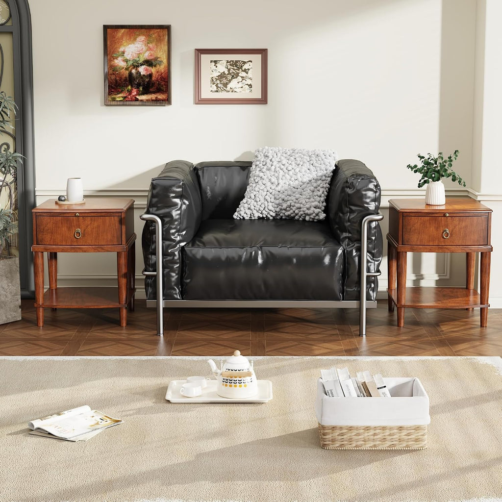 LEEMTORIG Set of 2 Large Cherry Wood Side Table with Pullable Desktop, 2-Tier End Table with Storage Drawer, Rustic Wooden Nightstand for Living Room Bedroom, 18.1"W x 20.1"D x 22.8"H, CJZ-A1569-MG