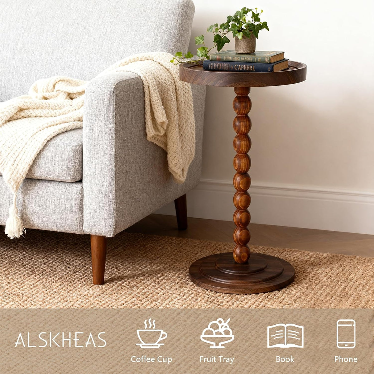 Small Round Side Table, Drink Tables for Small Spaces, Pedestal Side Table with Solid Wood Leg, Modern Accent End Table for Living Room, Mini Coffee Table, Balcony, Easy Assembly (Walnut)