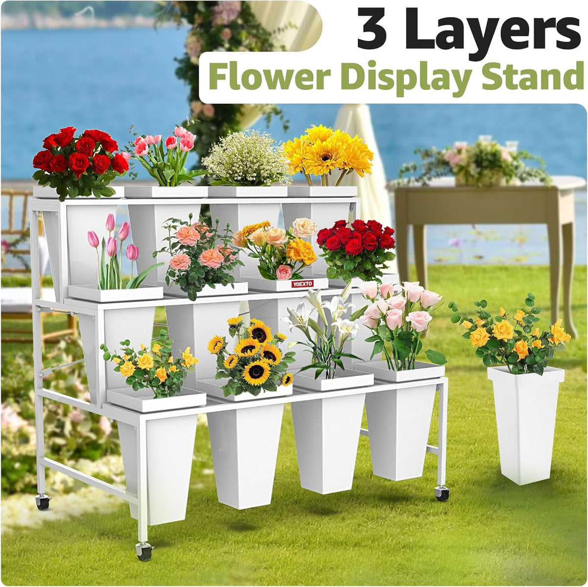 3 Layers Flower Display Stand with Buckets, 12 PCS Buckets Plant Stand with Wheels, Movable Metal Plant Stand for Terrace Garden, Living Room, Florist Shop