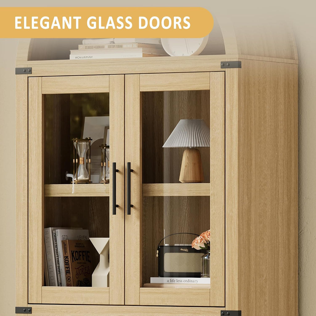 GAOMON 72" Tall Arched Kitchen Pantry Cabinet, Modern Farmhouse Arched Storage Cabinet with Glass Doors, Versatile Cupboard for Kitchen, Dining Room, Living Room, Office and Bathroom, Natural