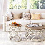 karlott Farmhouse End Table, 18.5'' French Country Round Side Table, Distressed Tray Top Side Table with Curved Motif Frame Base for Boho, End Tables Living Room, Bedroom, Small Space, Cream Beige