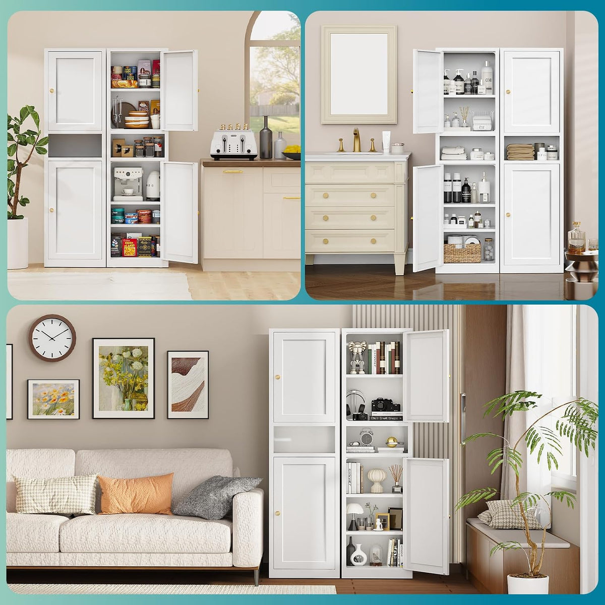 Eltean 67" Tall Narrow Storage Cabinet,Bathroom Cabinets | Narrow Pantry Cabinet with 3 Adjustable Shelves,Reversible Doors Opening,Kitchen Cupboard for Pantry,White (15.7" W)