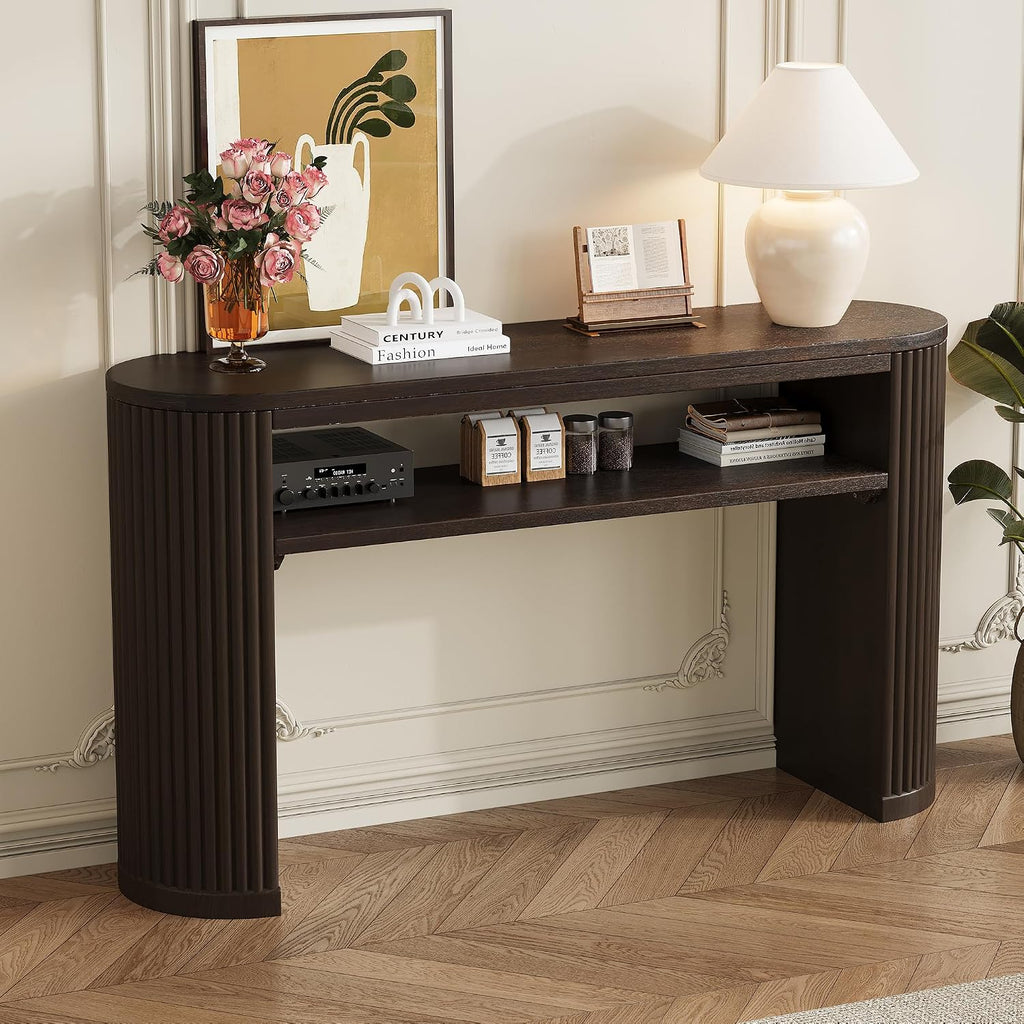 Vintage Farmhouse Console Table with Fluted Legs & Ash Veneer Top - Oval Entryway Sofa Table, Rustic Accent with Open Storage Shelf, Distressed Finish Options (Espresso9)