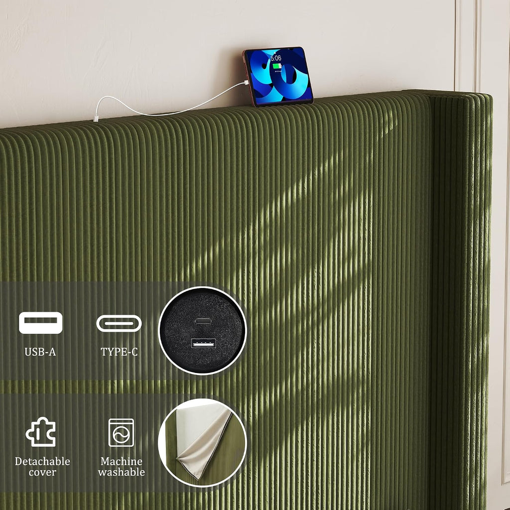 Queen Size Corduroy Upholstered Bed Frame with 65" Tall Headboard,USB Charging Station,Soft Washable Corduroy Cover with Wingback Headboard, Solid Wood Legs/Noise-Free/No Box Spring Needed/Green