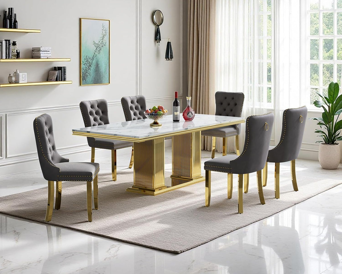 Marble Dining Table Set for 6, Rectangular 68.11" Dining Room Table with 6 Gray Dining Chairs, White&Gold Dining Table with Faux Marble Top, Large Dining Table and Chairs Set for Home Furniture