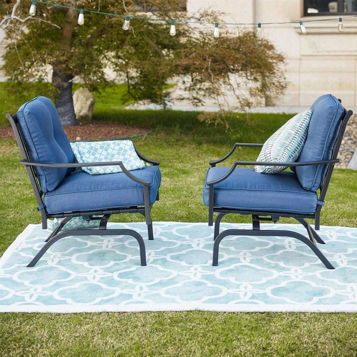 Top Space Rocking Patio Chairs Outdoor Metal Furniture Motion Spring Chair Black Dining Bistro Set with Padded Cushion for Garden Balcony Porch