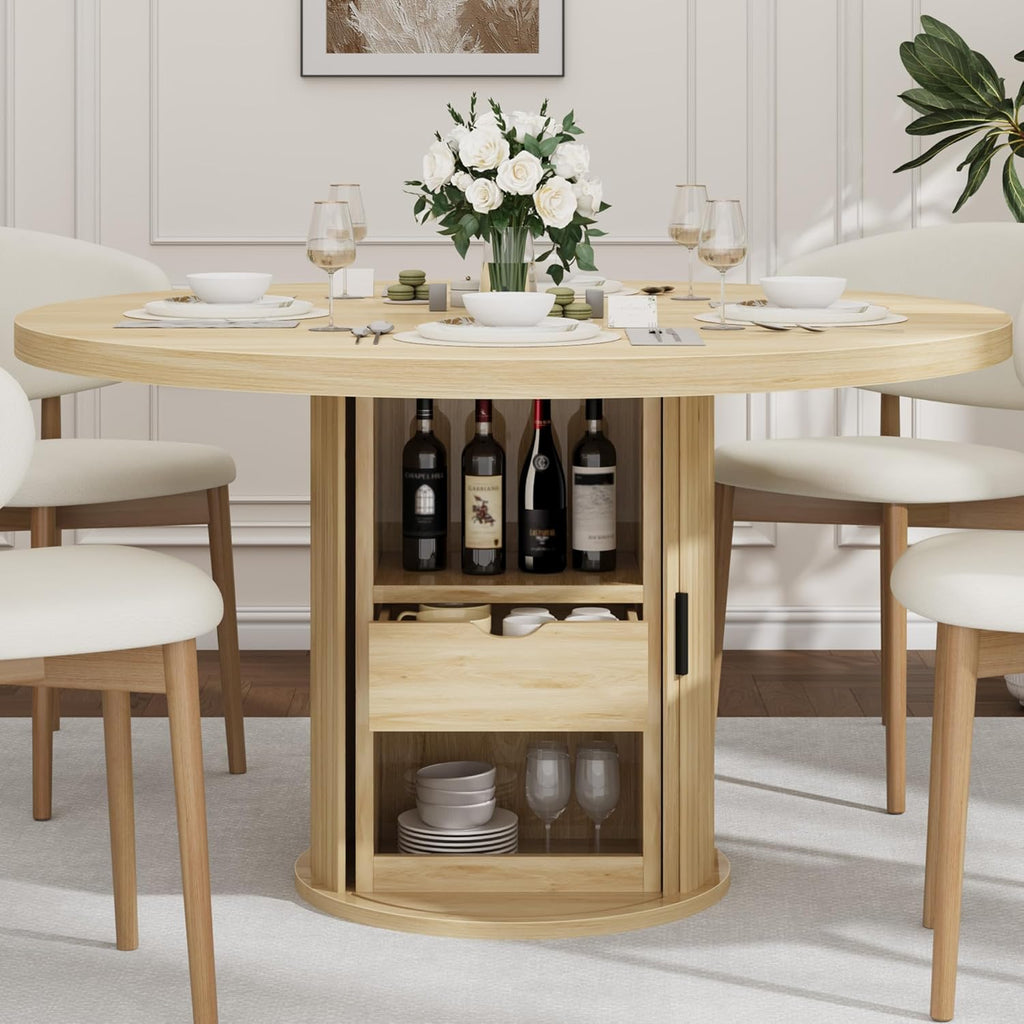 IDEALHOUSE 47" Round Dining Table for 4-6, Modern Farmhouse Kitchen Table with 2-Layer Storage Shelf & Drawer, Wooden Circle Dining Tables with Fluted Pedestal Base, Natural