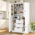 70.9" Tall Kitchen Pantry Cabinet with 4 Doors 3 Drawers 6 Wine Racks & Removable Shelves, Freestanding Storage Cabinets with Built-in Workstation for Kitchen Dining Room Living Room(White)