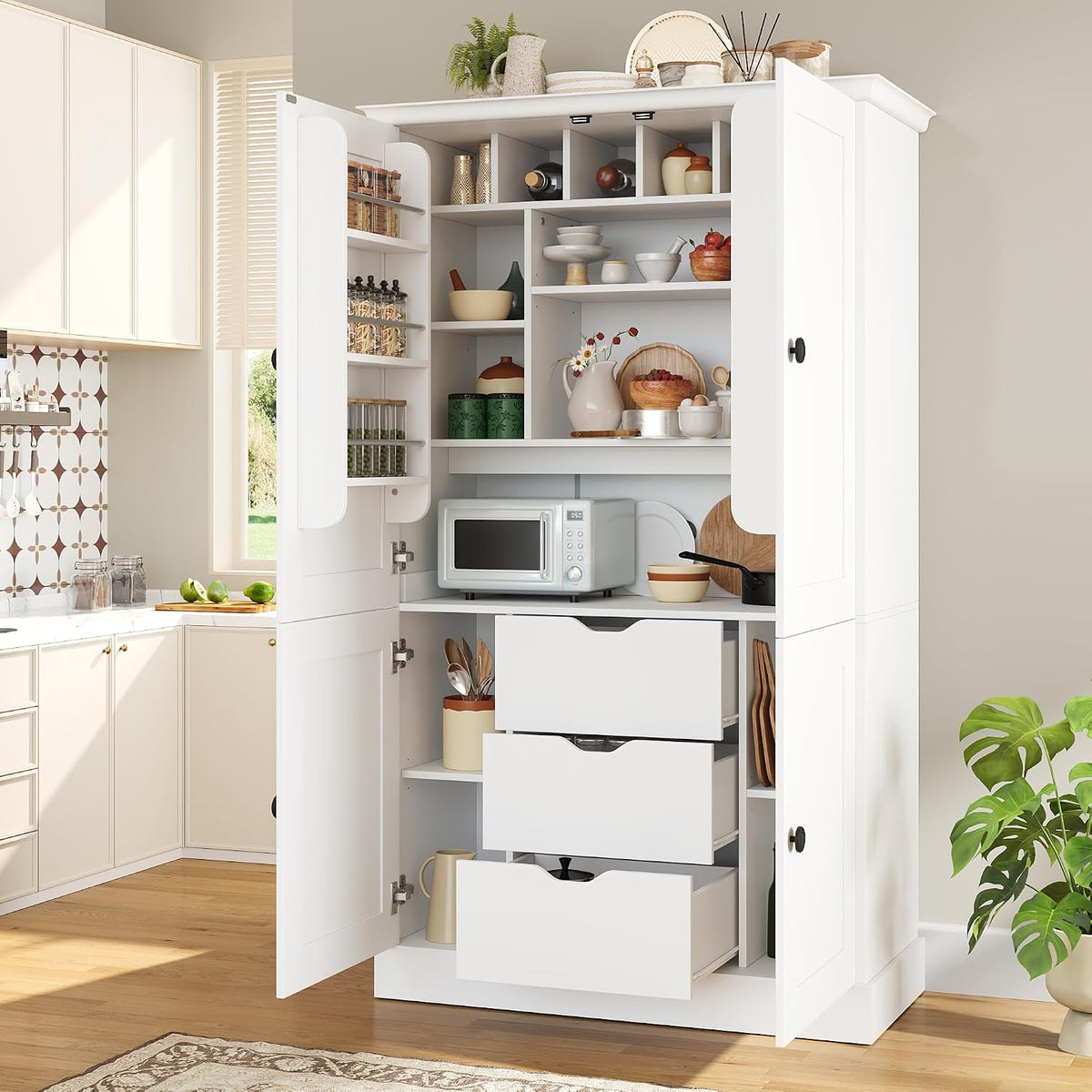 70.9" Tall Kitchen Pantry Cabinet with 4 Doors 3 Drawers 6 Wine Racks & Removable Shelves, Freestanding Storage Cabinets with Built-in Workstation for Kitchen Dining Room Living Room(White)