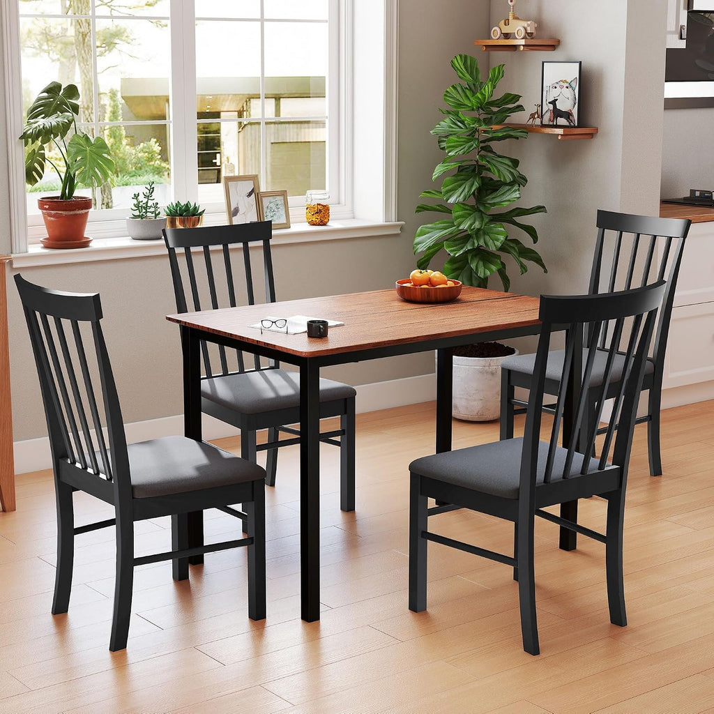 HOMCOM Wooden Dining Chairs Set of 2 Farmhouse Black and Gray | Upholstered Kitchen Chairs, Rubber Wood Frame, for Living Room, Dining Room