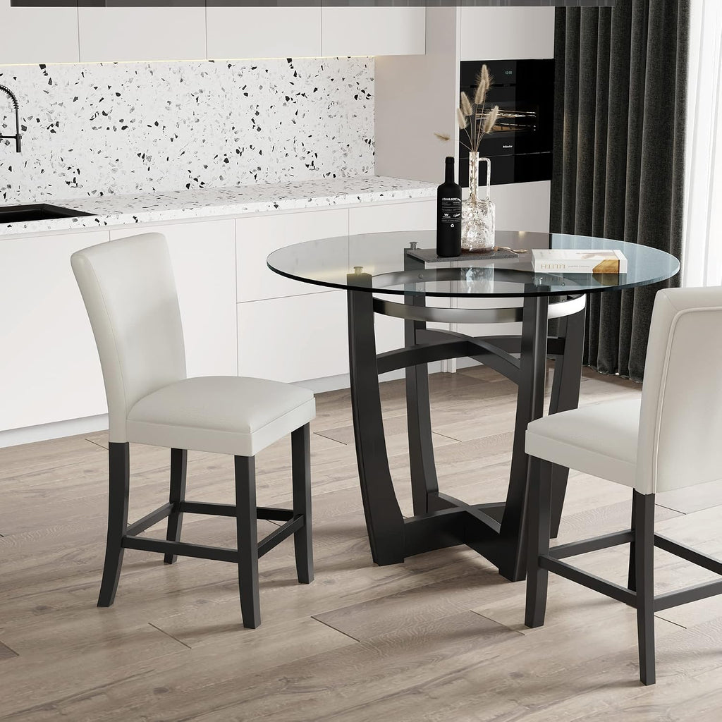 PADMA HOUSE Glass Pub Dining Set for 4, 45in Modern Round Wood Glass Counter Height Bar Table with 4 Leather Pub Stools 5 Pieces Round Bistro Dining Table Chair Set,Clear&Ivory