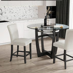 PADMA HOUSE Glass Pub Dining Set for 4, 45in Modern Round Wood Glass Counter Height Bar Table with 4 Leather Pub Stools 5 Pieces Round Bistro Dining Table Chair Set,Clear&Ivory