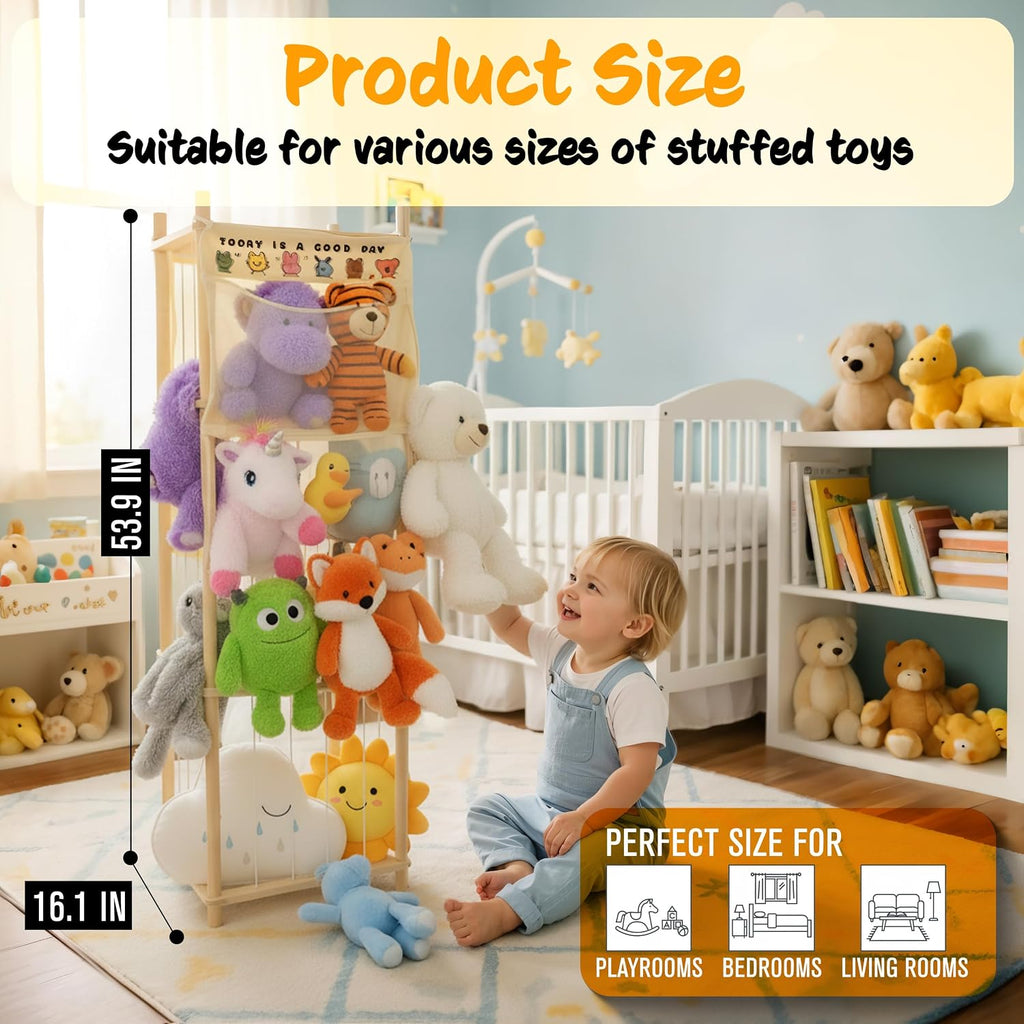 54-Inch Tall Stuffed Animal Storage Organizer - Premium Wooden Plush Toy Holder Zoo, Large Toy Storage Tower with Elastic Rope & Side Storage Bag for Kids Room, Nursery, Playroom, Corner (Sprinoak)