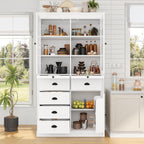 Vintage 72" Freestanding Kitchen Pantry with Glass Doors, Coffee Bar Station, Adjustable Shelves & Serving Trays for Dining & Living Room (White20)