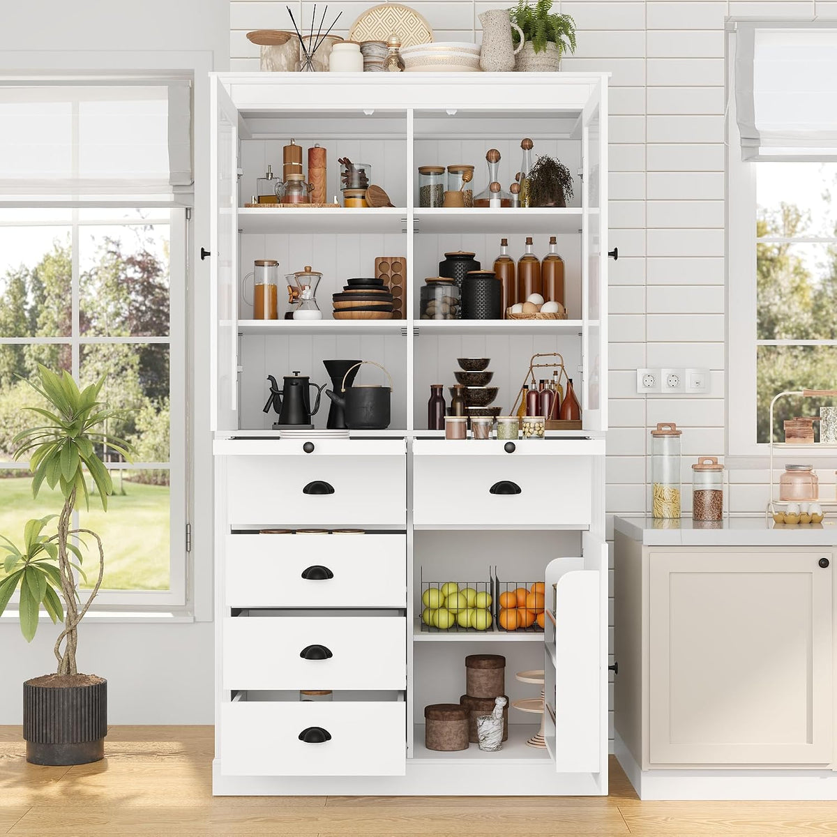 Vintage 72" Freestanding Kitchen Pantry with Glass Doors, Coffee Bar Station, Adjustable Shelves & Serving Trays for Dining & Living Room (White20)