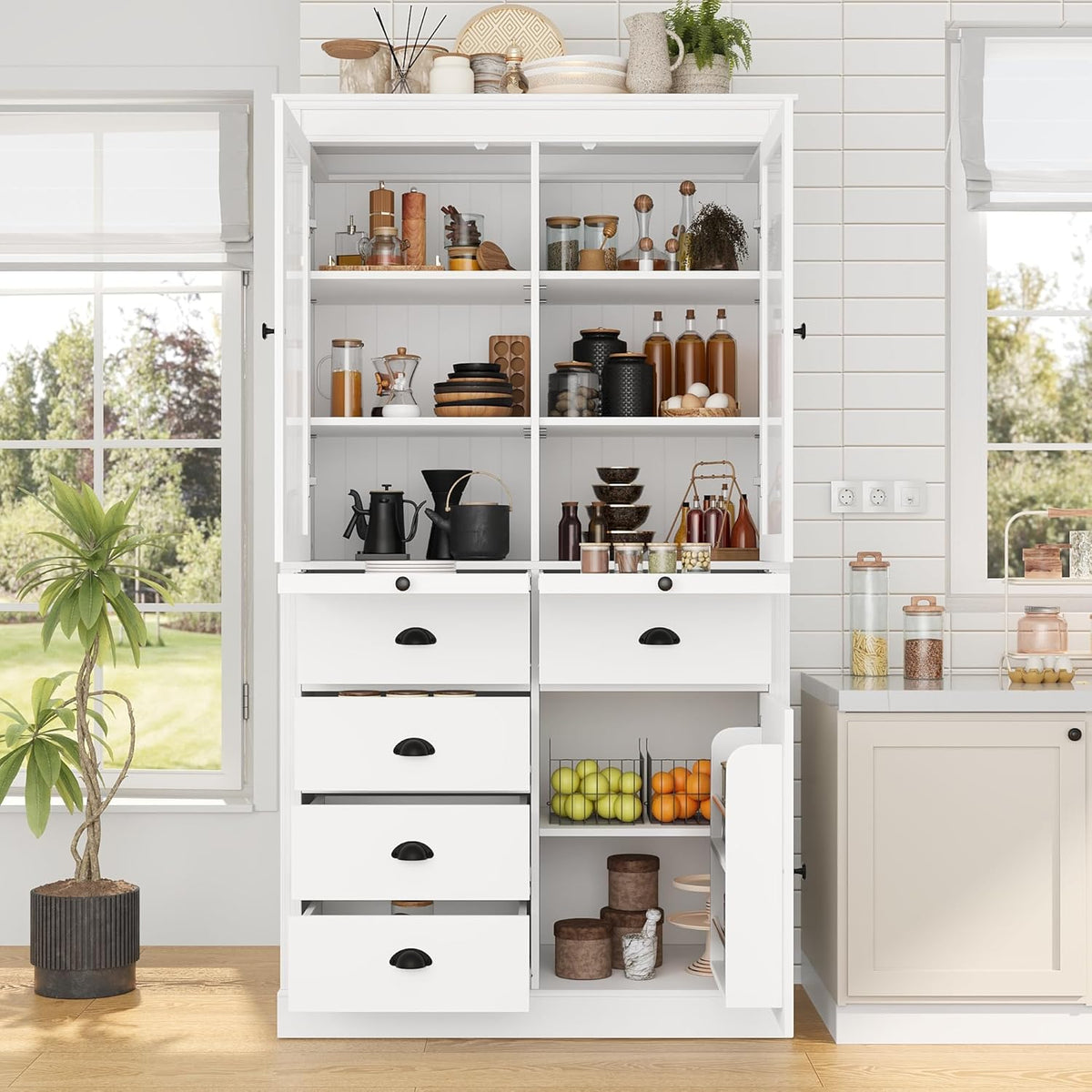 roomfitters 72" Kitchen Pantry Organizers and Storage Kitchen Cabinet, Storage Hutch with Glass Doors, 5 Drawers, White
