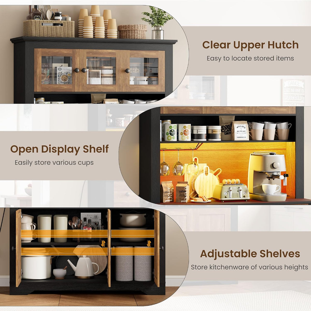 68.7 " Pantry Cabinet with LED Light and Charging Station, Kitchen Pantry Storage Cabinet with Countertop, Large Kitchen Hutch with Wine Rack & Adjustable Shelves for Dining Room, Living Room