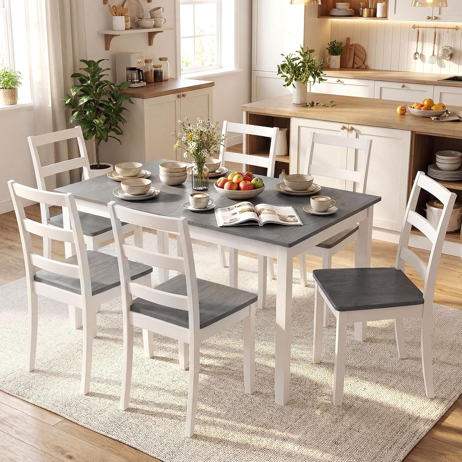 Giantex Dining Table for 4-6, 60" Rectangular Kitchen Table with Solid Rubber Wood Legs, Farmhouse Wooden Dinner Table for Dinette, Home Office, Living Room (Gray)