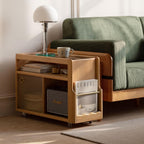 Solid Wood Narrow Side Table with Storage, End Table with Magazine Rack & Glass Door Cabinet, Small Couch Side Table for Living Room, Slim Nightstand for Bedroom, No Assembly